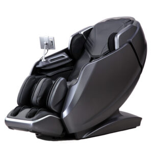 Massagestol Santé Zentai 4D med en graciös lutning, glänsande svart läderfinish, ergonomiskt designade kuddar och en vit digital kontrollpanel på stolens övre högra sida